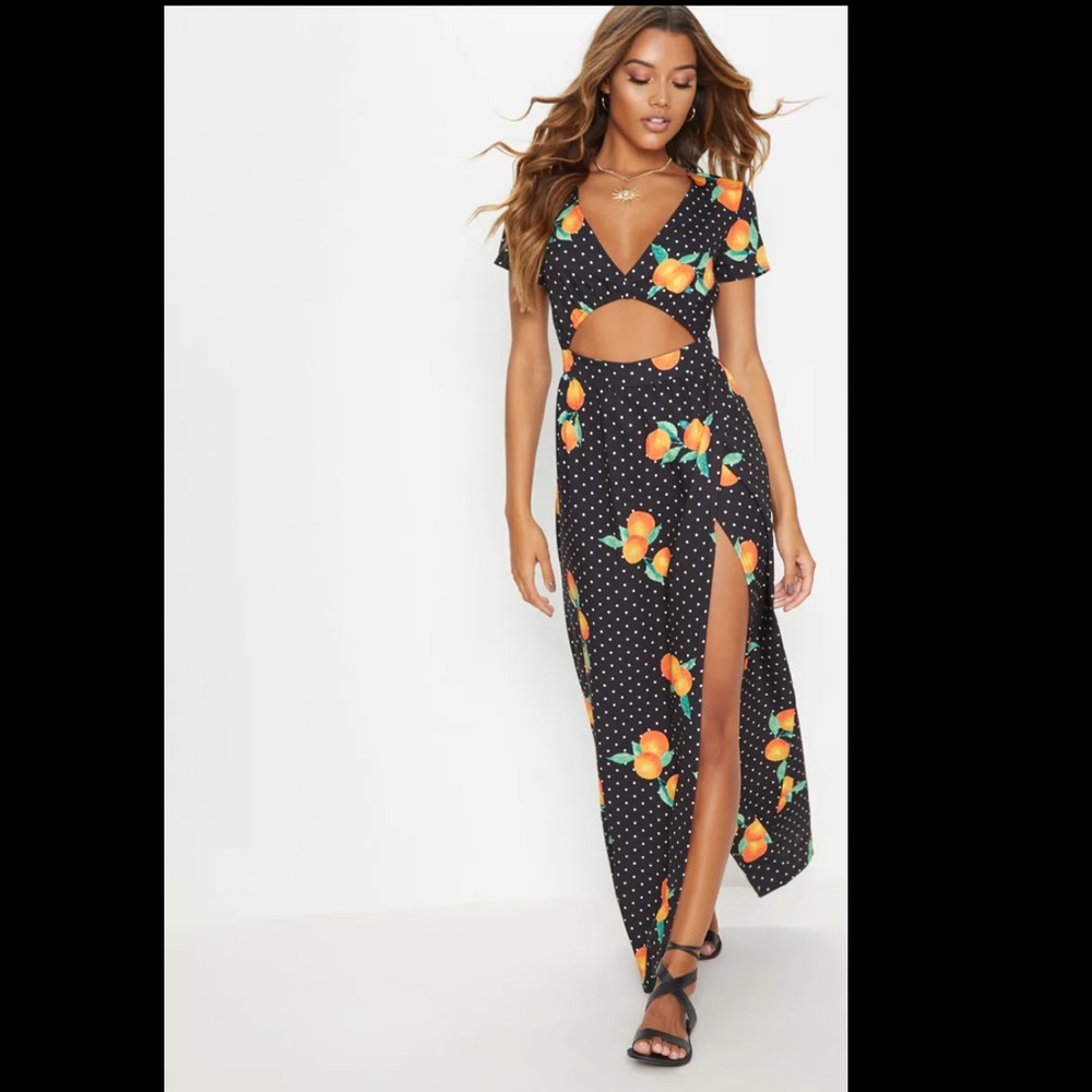 🍊PrettyLittleThing Orange Polka Dot Cut-Out Maxi Dress🍊
